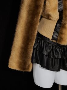SHEIN ICON 女式街头风格性感翻领拼布仿皮束腰竖条纹仿皮草夹克棕色皮草夹克女式皮草夹克 Y2k 皮草夹克 - 卡其色 - 查看 3