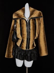 SHEIN ICON 女式街头风格性感翻领拼布仿皮束腰竖条纹仿皮草夹克棕色皮草夹克女式皮草夹克 Y2k 皮草夹克 - 卡其色 - 查看 8