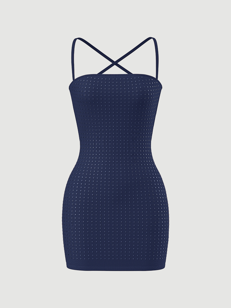 SHEIN ICON Women Spring Summer Outfits Rave Festival Sparkling Fashionable Sexy Backless Sparkly Rhinestone Fitted Mini Dress ,Summer Dress - Navy Blue - View 8