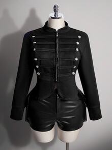 SHEIN ICON 女款大尺碼秋季復古性感千禧風 Y2K 現代都市休閒街頭風立領雙排扣黑色麂皮外套 - 黑色 - 查看 8