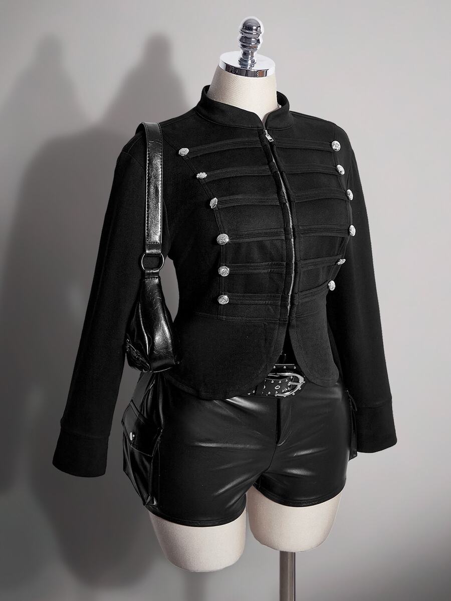 SHEIN ICON 女款大尺碼秋季復古性感千禧風 Y2K 現代都市休閒街頭風立領雙排扣黑色麂皮外套 - 黑色 - 查看 1