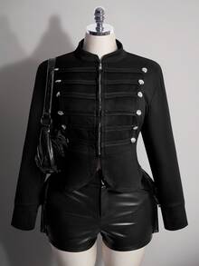 SHEIN ICON 女款大尺碼秋季復古性感千禧風 Y2K 現代都市休閒街頭風立領雙排扣黑色麂皮外套 - 黑色 - 查看 3