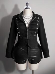 SHEIN ICON 女款大尺碼秋季復古性感千禧風 Y2K 現代都市休閒街頭風立領雙排扣黑色麂皮外套 - 黑色 - 查看 7