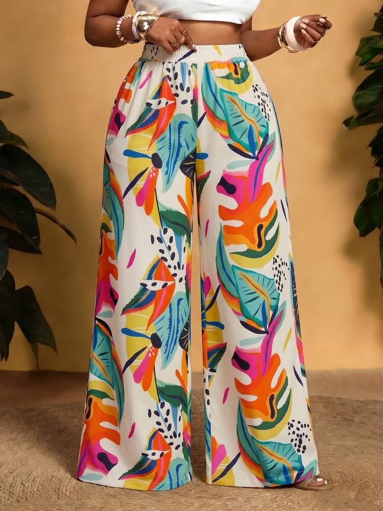 Zivah Lösa extra långa långbyxor för dam i plus size med tropiskt blommönster, för semester, vardagsstreet, strand, havssida och lägerbålsfest - Multifärgad - Visa 7