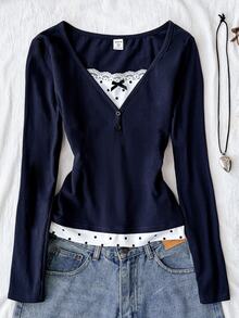 SHEIN Tween Girls Knit Royal Kids Blue Patchwork Polka Dot Casual Long Sleeve T-Shirt - Navy Blue - View 4