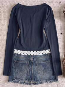 SHEIN Tween Girls Knit Royal Kids Blue Patchwork Polka Dot Casual Long Sleeve T-Shirt - Navy Blue - View 2
