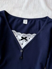 SHEIN Tween Girls Knit Royal Kids Blue Patchwork Polka Dot Casual Long Sleeve T-Shirt - Navy Blue - View 5