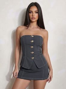SHEIN PETITE Summer Outfits For Women Two Pieces Set Office Night Out Date Night Wear Casual Sexy Shell Design Festival Boho Charcoal Gray - Grey - View 15