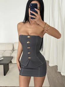 SHEIN PETITE Summer Outfits For Women Two Pieces Set Office Night Out Date Night Wear Casual Sexy Shell Design Festival Boho Charcoal Gray - Grey - View 8