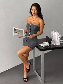 SHEIN PETITE Summer Outfits For Women Two Pieces Set Office Night Out Date Night Wear Casual Sexy Shell Design Festival Boho Charcoal Gray - Grey - View 7