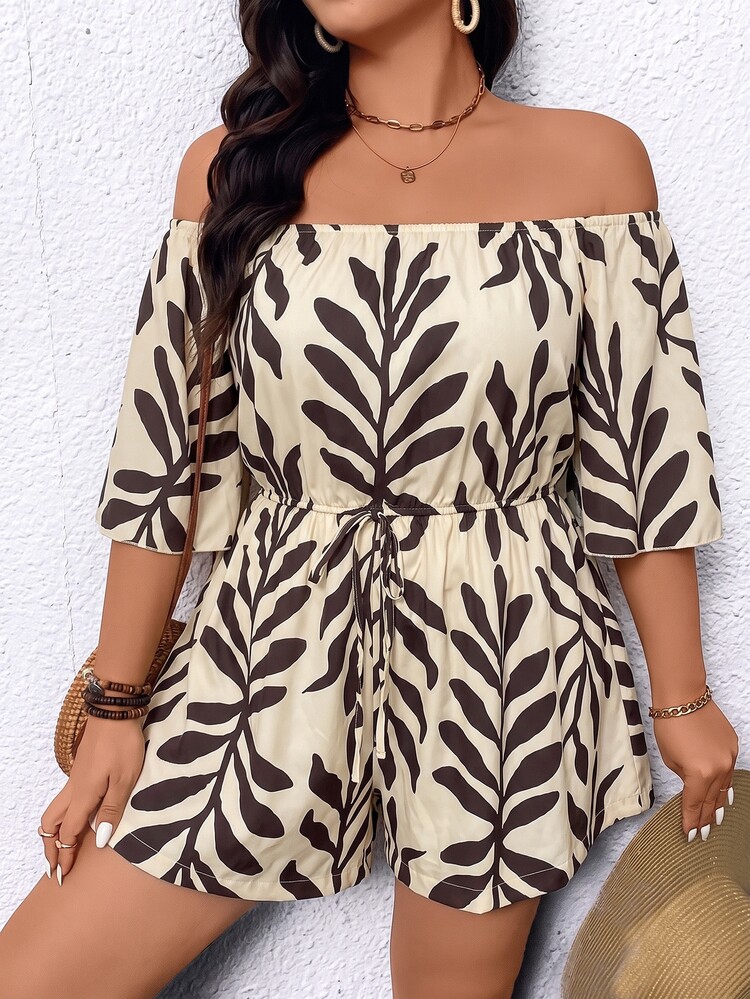 Breezaya Celana Pendek Wanita Model One-Piece Off-Shoulder Motif Daun Ukuran Besar Terbaru, Cocok untuk Liburan Musim Semi, Musim Panas, Musim Gugur, Musim Dingin, Pantai Tropis, dan Mode Tropis. - Aprikot - View 6