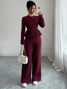 Elenzga Atasan Sweater Wanita Model A-Line Pas Badan dengan Hiasan Rumbai di Bagian Bawah, Dipadukan dengan Celana Sweater Rajut Elegan - Burgundy - View 8