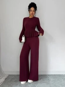 Elenzga Atasan Sweater Wanita Model A-Line Pas Badan dengan Hiasan Rumbai di Bagian Bawah, Dipadukan dengan Celana Sweater Rajut Elegan - Burgundy - View 5
