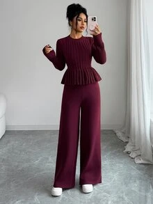Elenzga Atasan Sweater Wanita Model A-Line Pas Badan dengan Hiasan Rumbai di Bagian Bawah, Dipadukan dengan Celana Sweater Rajut Elegan - Burgundy - View 3