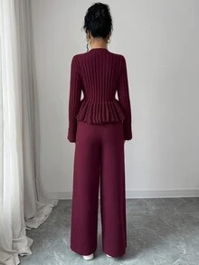 Elenzga Atasan Sweater Wanita Model A-Line Pas Badan dengan Hiasan Rumbai di Bagian Bawah, Dipadukan dengan Celana Sweater Rajut Elegan - Burgundy - View 2