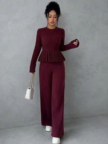 Elenzga Atasan Sweater Wanita Model A-Line Pas Badan dengan Hiasan Rumbai di Bagian Bawah, Dipadukan dengan Celana Sweater Rajut Elegan - Burgundy - View 4