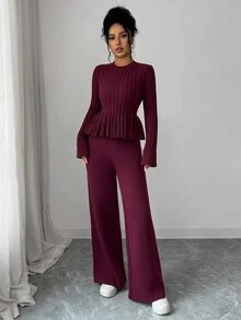 Elenzga Atasan Sweater Wanita Model A-Line Pas Badan dengan Hiasan Rumbai di Bagian Bawah, Dipadukan dengan Celana Sweater Rajut Elegan - Burgundy - View 7