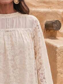 SHEIN LilyWest Elegant Contrast Lace Tunic Dress - Apricot - View 6