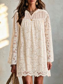 SHEIN LilyWest Elegant Contrast Lace Tunic Dress - Apricot - View 8