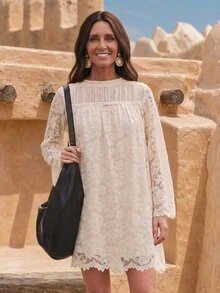 SHEIN LilyWest Elegant Contrast Lace Tunic Dress - Apricot - View 5