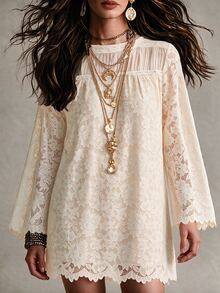 SHEIN LilyWest Elegant Contrast Lace Tunic Dress - Apricot - View 3