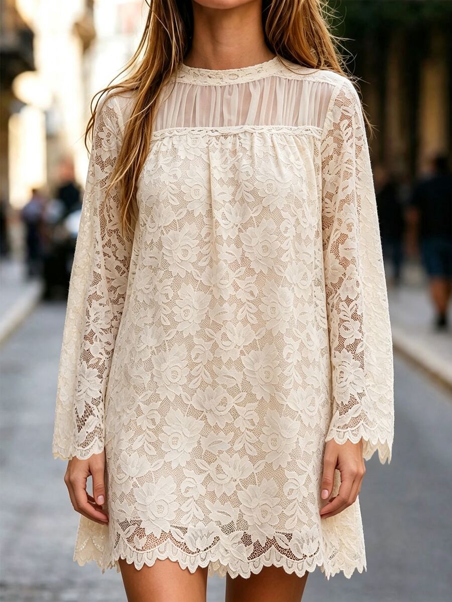 SHEIN LilyWest Elegant Contrast Lace Tunic Dress - Apricot - View 1