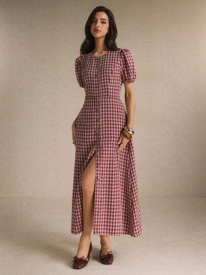 Poéselle Women's Plaid Round Neck Short  Sleeve Elegant Midi Dress,Red Dress,Elegant Dresses,Casual Dresses,Vacation Outfits ,Work Outfits,Country,Fall/Winter