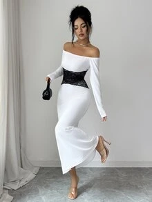 Selianne Gaun Wanita Elegan Lengan Panjang Tanpa Bahu dengan Detail Renda Kontras untuk Musim Gugur/Dingin - Aprikot - View 7