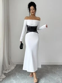 Selianne Gaun Wanita Elegan Lengan Panjang Tanpa Bahu dengan Detail Renda Kontras untuk Musim Gugur/Dingin - Aprikot - View 8