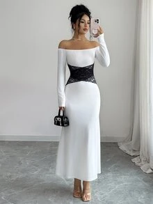 Selianne Gaun Wanita Elegan Lengan Panjang Tanpa Bahu dengan Detail Renda Kontras untuk Musim Gugur/Dingin - Aprikot - View 6