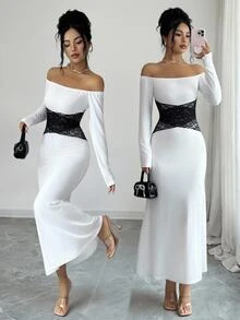 Selianne Gaun Wanita Elegan Lengan Panjang Tanpa Bahu dengan Detail Renda Kontras untuk Musim Gugur/Dingin - Aprikot - View 5