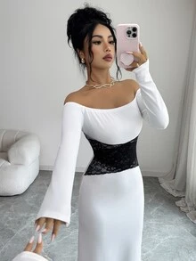 Selianne Gaun Wanita Elegan Lengan Panjang Tanpa Bahu dengan Detail Renda Kontras untuk Musim Gugur/Dingin - Aprikot - View 3