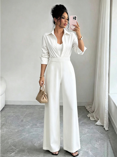 Selianne Women's 2-In-1 Jumpsuit, Waist-Cinched Tall-Looking Wide-Leg White Shirt-Style Long Jumpsuit, Suitable For Daily Commute, Office Work, Business Meetings, Birthday Parties, Afternoon Tea, Business Travel