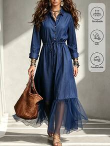 Omancia Women's Vintage Denim Effect Collared Long Sleeve Dress, Waist Drawstring Cinched Waist Mesh Patchwork Ruffle Hem Long Shirt Dress - Blue - View 5