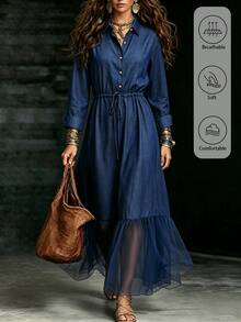 Omancia Women's Vintage Denim Effect Collared Long Sleeve Dress, Waist Drawstring Cinched Waist Mesh Patchwork Ruffle Hem Long Shirt Dress - Blue - View 6