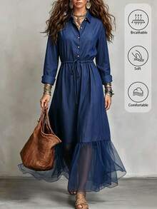 Omancia Women's Vintage Denim Effect Collared Long Sleeve Dress, Waist Drawstring Cinched Waist Mesh Patchwork Ruffle Hem Long Shirt Dress - Blue - View 1