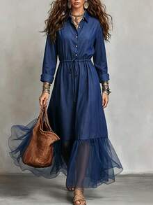 Omancia Women's Vintage Denim Effect Collared Long Sleeve Dress, Waist Drawstring Cinched Waist Mesh Patchwork Ruffle Hem Long Shirt Dress - Blue - View 9