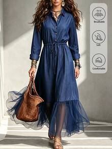 Omancia Women's Vintage Denim Effect Collared Long Sleeve Dress, Waist Drawstring Cinched Waist Mesh Patchwork Ruffle Hem Long Shirt Dress - Blue - View 8