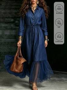 Omancia Women's Vintage Denim Effect Collared Long Sleeve Dress, Waist Drawstring Cinched Waist Mesh Patchwork Ruffle Hem Long Shirt Dress - Blue - View 10