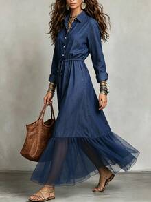 Omancia Women's Vintage Denim Effect Collared Long Sleeve Dress, Waist Drawstring Cinched Waist Mesh Patchwork Ruffle Hem Long Shirt Dress - Blue - View 4