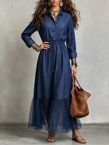 Omancia Women's Vintage Denim Effect Collared Long Sleeve Dress, Waist Drawstring Cinched Waist Mesh Patchwork Ruffle Hem Long Shirt Dress - Blue - View 7