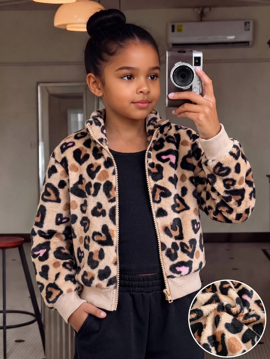 Young Girls Fleece-Lined And Thickened Sweet Cute Heart Leopard Print Fuzzy Zip-Up Jacket Coat Suitable For Daily Casual Outings Spring Autumn Winter - Brown - View 1