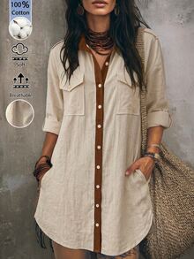 Breezaya BeigeCollarLonglineShirt Dress, LooseLongSleeveButtonDown Dress With Chest Pockets Side Pockets Vacation Autumn Casual Tropical - Apricot - View 7