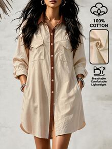Breezaya BeigeCollarLonglineShirt Dress, LooseLongSleeveButtonDown Dress With Chest Pockets Side Pockets Vacation Autumn Casual Tropical - Apricot - View 6
