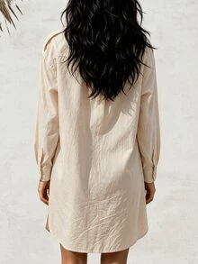 Breezaya BeigeCollarLonglineShirt Dress, LooseLongSleeveButtonDown Dress With Chest Pockets Side Pockets Vacation Autumn Casual Tropical - Apricot - View 2