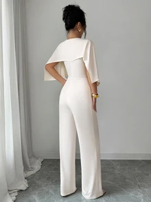 Elenzga Women's French Elegant Cream White Cape-Style Spliced High Waist Wide Leg Jumpsuit Cocktail Party Summer - Apricot - View 2