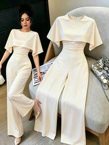 Elenzga Women's French Elegant Cream White Cape-Style Spliced High Waist Wide Leg Jumpsuit Cocktail Party Summer - Apricot - View 3