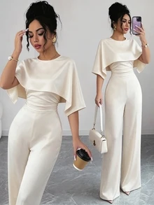Elenzga Women's French Elegant Cream White Cape-Style Spliced High Waist Wide Leg Jumpsuit Cocktail Party Summer - Apricot - View 1