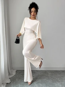 Elenzga Women's French Elegant Cream White Cape-Style Spliced High Waist Wide Leg Jumpsuit Cocktail Party Summer - Apricot - View 5