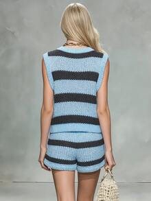 LUMIGAL Women's Fashion Button Contrast Color Knit Vest And Shorts 2 Pieces Set Going Out Night Blue Striped Autumn Retro Vintage 70s Casual - Multicolor - View 2